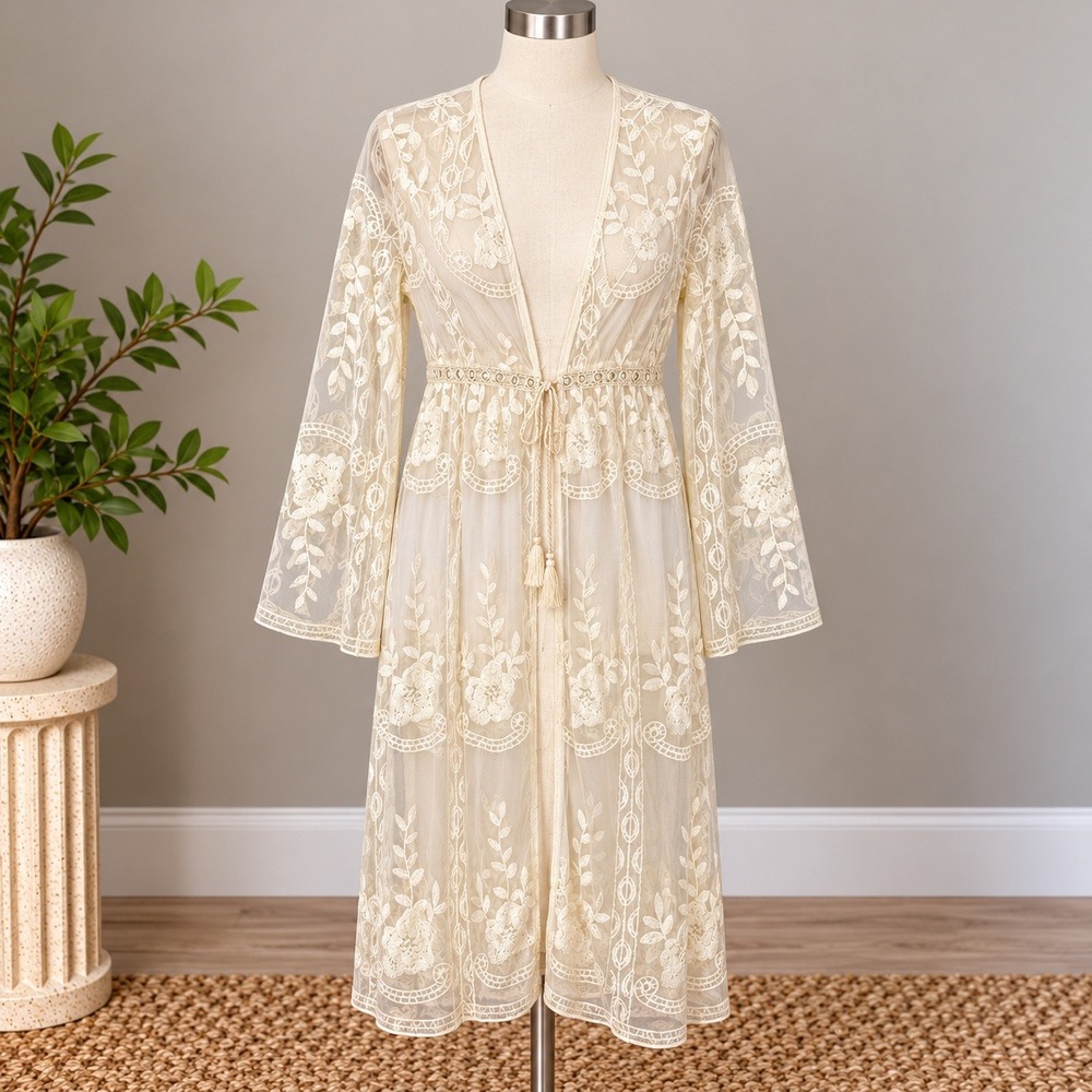 Story On Sheer Lace Maxi Kimono Swim Cover Up Beige Resort Sz L Fairycore Boho